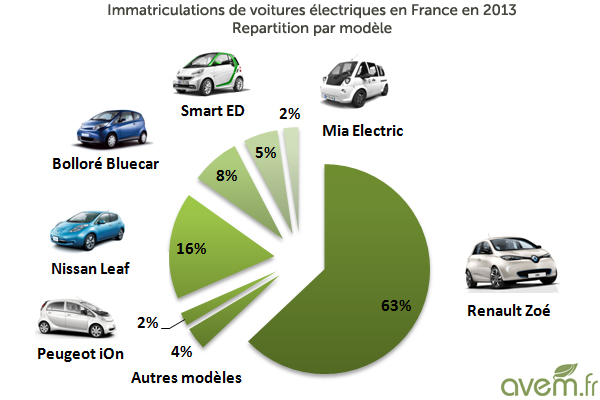 Marktaufteilung bei Elektroautos 2013 in Frankreich (Quelle: avem.fr)