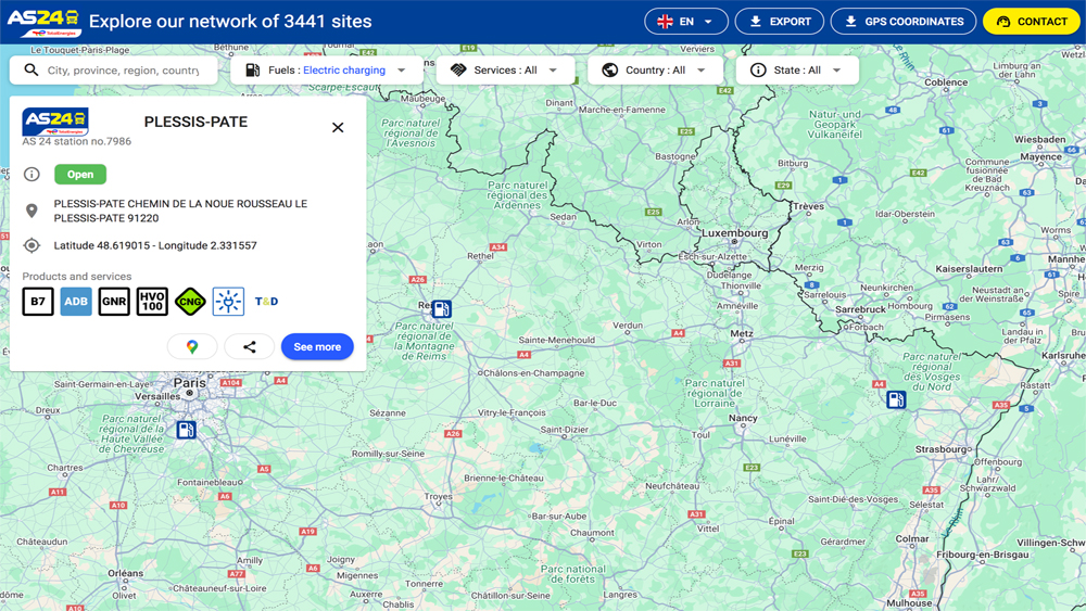 Carte des stations de recharge AS 24 pour poids lourds électriques